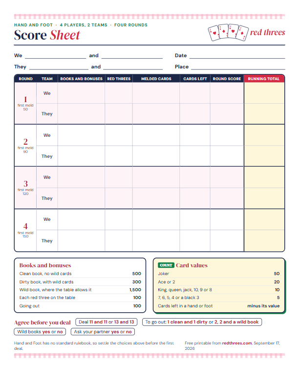 Preview of the Hand and Foot score sheet